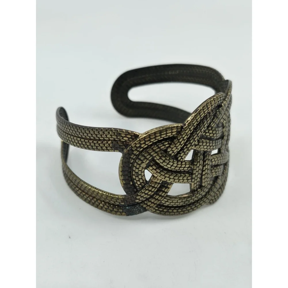 Vintage Wide Bronze Celtic Knot Cuff Bracelet Snakeskin Textured Openwork Boho